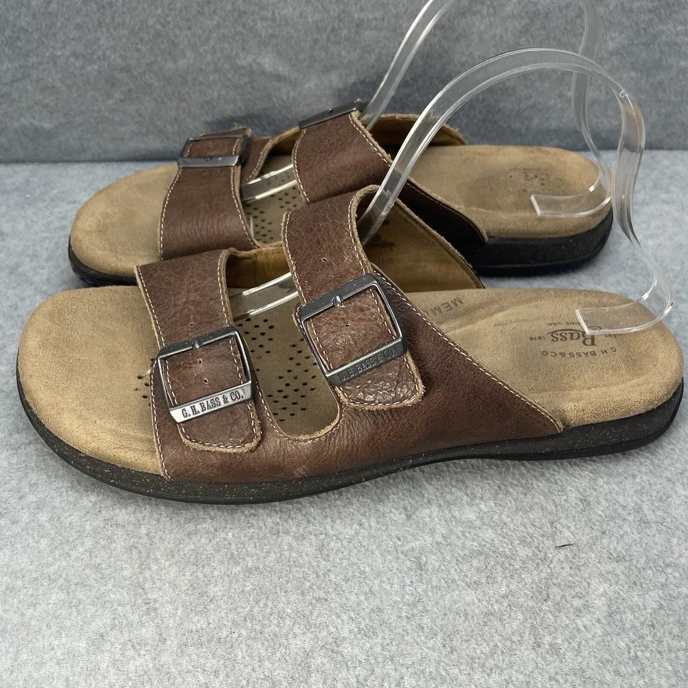 GH Bass & Co Men's 9M Brown Leather Slides double buckle Walking Sandal Casual